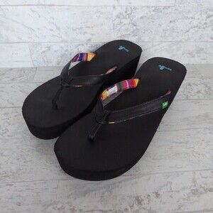 Sanuk Yoga Mat Stacker Platform Flip Flops Women’s Size 10 Black Rainbow Pride